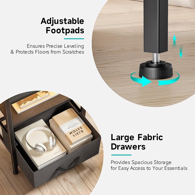 Lazzanto Nightstand with Rear Charging Station, LED Light, 3 Drawers, Black | Industrial Nightstand, 2 USB-A Ports & AC Outlets, Raised Back Guard, Fabric Storage Drawers, Bedside Table for Bedroom, Dorm - Image 6