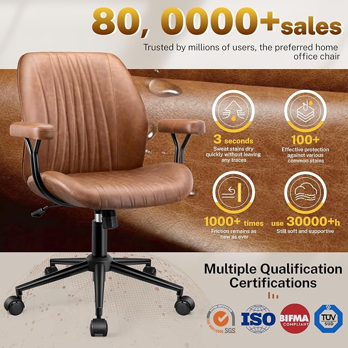 HeroSet Leather Office Chair with Removable Armrests, Mid Back Ergonomic Desk Chair with Lumbar Support, Adjustable Height Rocking Swivel Executive Chair for Home Office, Brown - Image 3