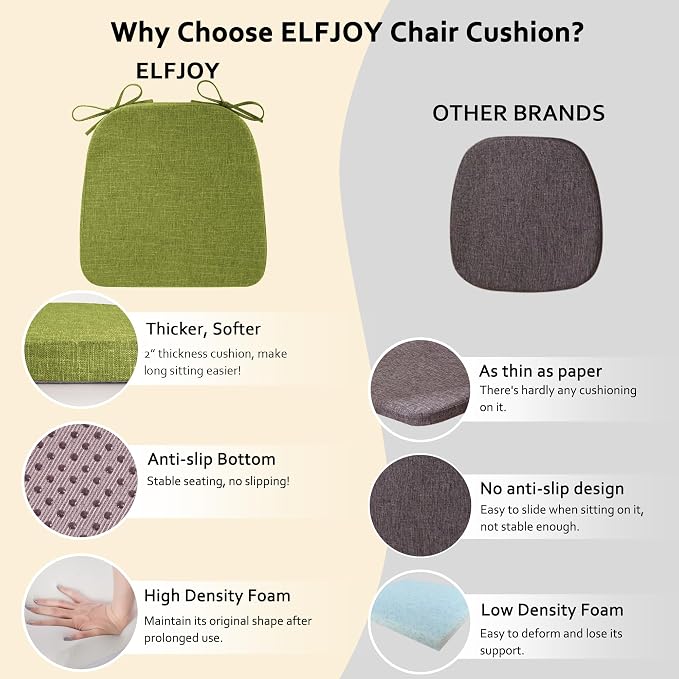 ELFJOY Non-Slip Chair Cushions for Dining Chairs Green 16.7"x16" | 4 Pack, with Ties and Washable Cover, U Shape, Breathable Fabric, for Kitchen Dining Office Folding Chairs，Comfortable - Image 8