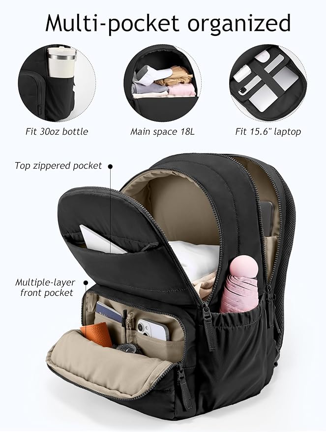 Uselike Travel Backpack for Women, 15.6 Inch Laptop Backpack, Quilted College Bookbag, Cute Work Backpacks, Water Resistant (Black) - Image 2