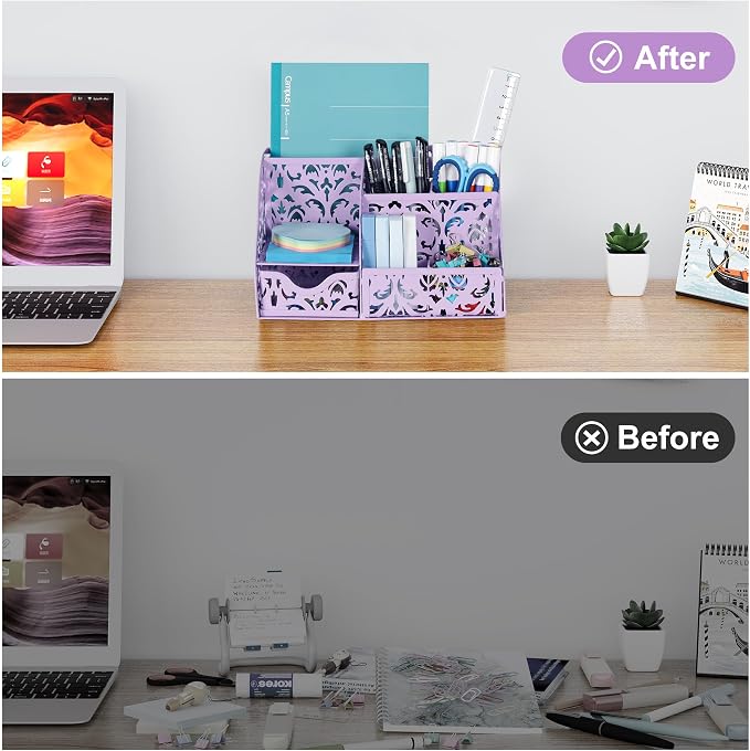 EasyPAG Pen Holder Desk Organizer with Drawer Pencil Cup for Desk 6 Compartments Metal Office Caddy Storage with Sticky Notes Holder for School Home Office, Purple - Image 4