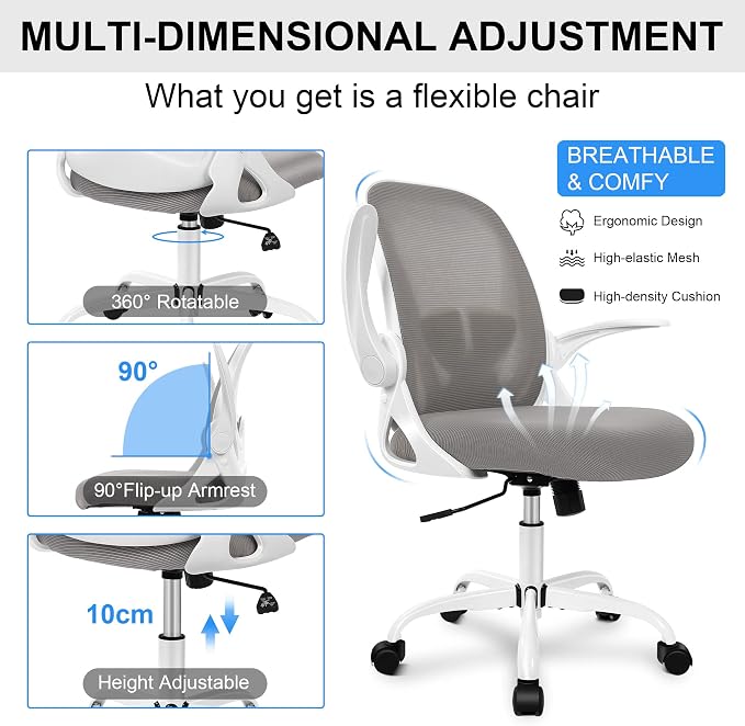 Office Chair Ergonomic Desk Chair with Adjustable Lumbar Support and Height, Swivel Breathable Desk Mesh Computer Chair with Flip up Armrests for Conference Room（Gray） - Image 6