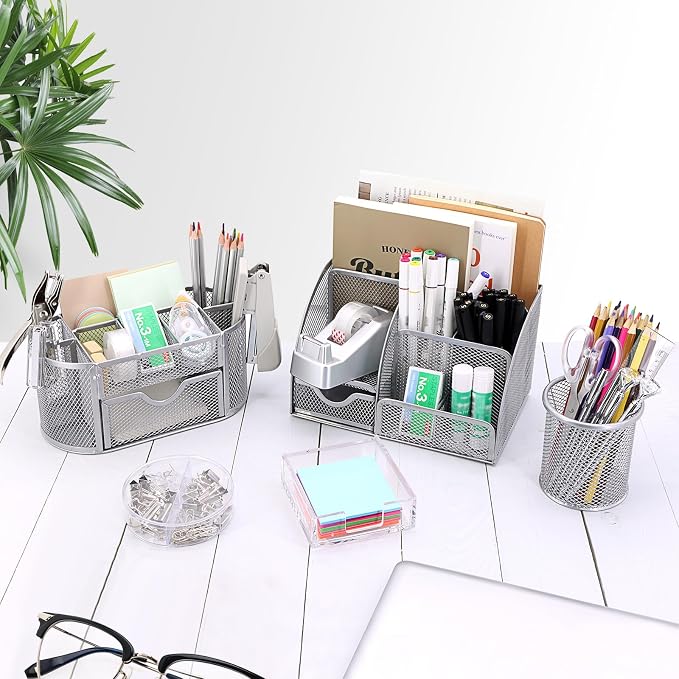 17 IN 1 Office Desk Organizer Set for Back to School Supplies Accessories | 3 Office Desk Storage Organization, 4 Pens, Stapler, Staples & Remover, Tape & Dispenser, Scissors, Ruler, Clips, Hole Punch - Image 6