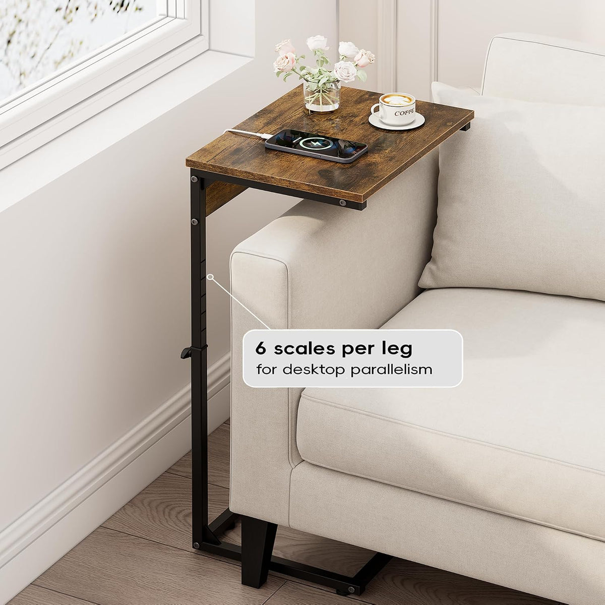 C Shaped End Table with Charging Station, Adjustable Height Side Table for Couch, Small Side Table, 33.2'' Tall Couch Tables that Slide Under, Tv Tray End Table for Living Room, Rustic Brown - Image 4