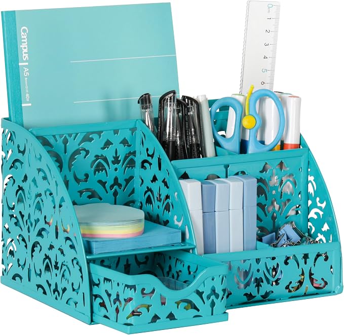 EasyPAG Desk Organizer and Pen Holder for Desk, Mesh Office Supplies Storage Caddy with Drawer for Small Space, Desktop Organizer for Home Office, Dark Teal by EasyPAG