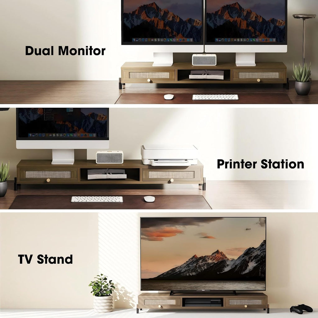 Fenge Dual Monitor Stand, Wooden Riser with Rattan Woven Flip Drawers - Image 6