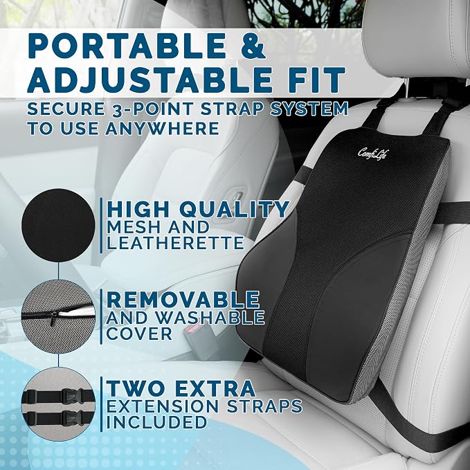 ComfiLife Lumbar Support Pillow for Office Chair – Premium Memory Foam Lumbar Pillow – Back Support for Office Chair, Car – Back Pain Relief, Improves Posture – 3 Adjustable Straps, Mesh + Leatherette - Image 3