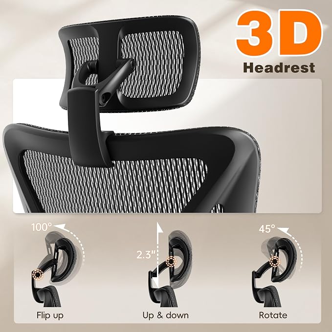 Ergonomic Office Chair with Footrest, 135° Reclining Desk Chair with Adjustable Lumbar Support,3D Armrest,Headrest & Large Steel Base, 300LBS Heavy Duty Mesh Chair - Image 7