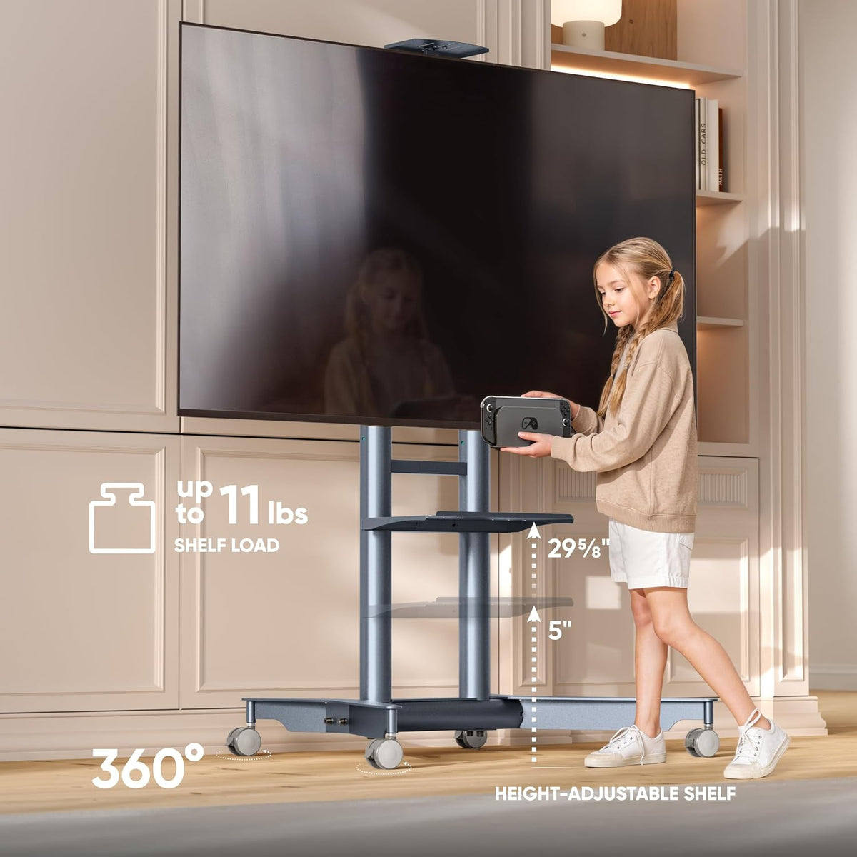 ONKRON Mobile TV Stand on Wheels 32-75", 110 lbs, VESA 600x400, Graphite - Image 5