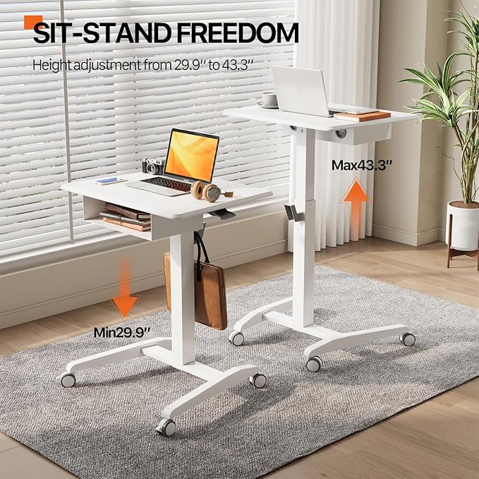 JOY worker Mobile Standing Desk with Drawer, 28" White Rolling Laptop Desk | Pneumatic Height Adjustable, Open Storage Shelf, 4 Rolling Wheels, Portable Sit Stand Desk, Holds 22lbs, Home Office School - Image 3