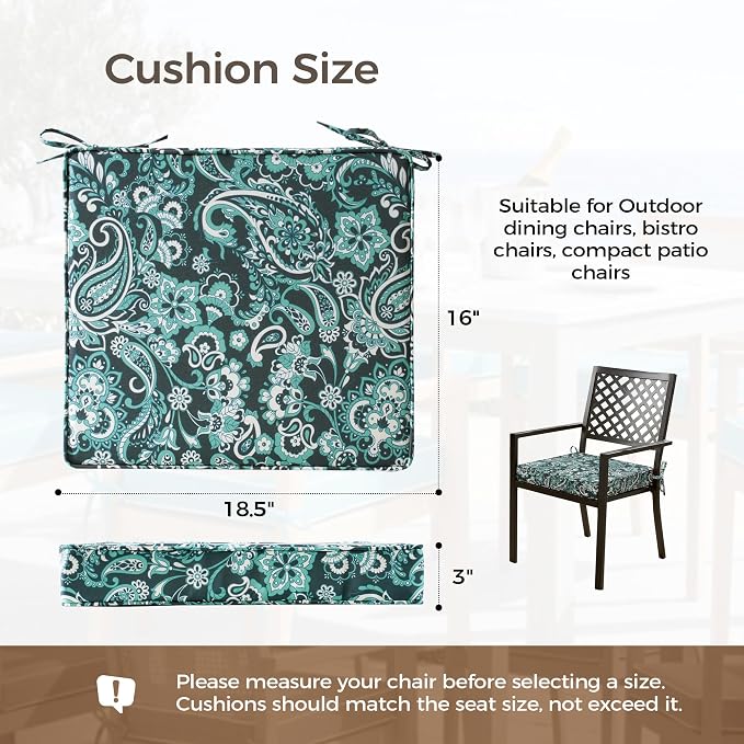 UNIKOME Outdoor Chair Cushions Set of 4, Water Resistant Patio Seat Cushions with Ties for Outdoor Furniture, High-Density Foam, UV & Fade Resistant, Piped Edge – 18.5" x 16" x 3", Boho Teal Paisley - Image 2