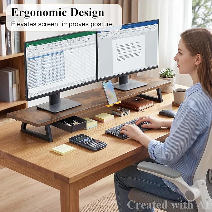 TEAMIX 39.4 inch Dual Monitor Stand Riser with Drawer & Phone Holder, Brown | For Computer, Laptop,Printer, Wood & Steel, Holds 100 lbs, Keyboard Storage Underneath, For Home Office Gaming Organization - Image 2
