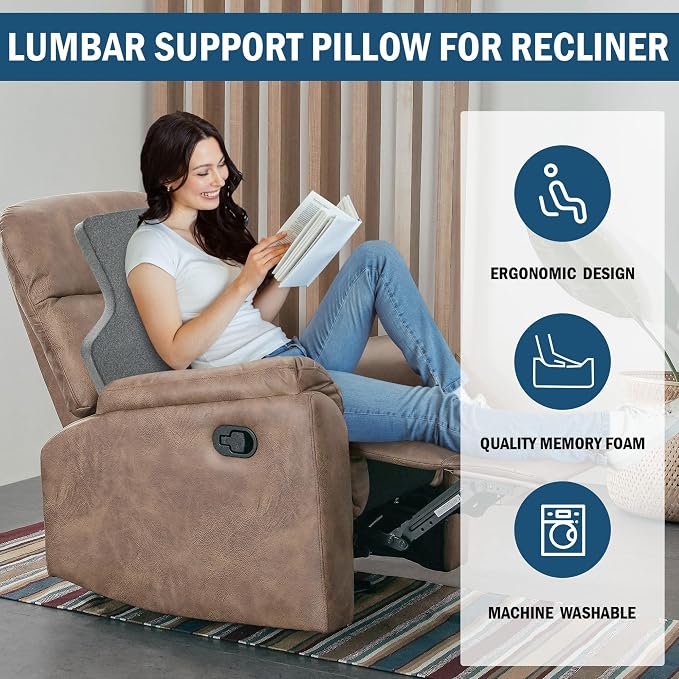 HOMBYS Ergonomic Lumbar Support Pillow for Recliner,Memory Foam Chair Back Support Cushion for Elderly,Extra Large Lumbar Support Pillow,Low Back Pain Relief Cushion,Dark Grey - Image 4