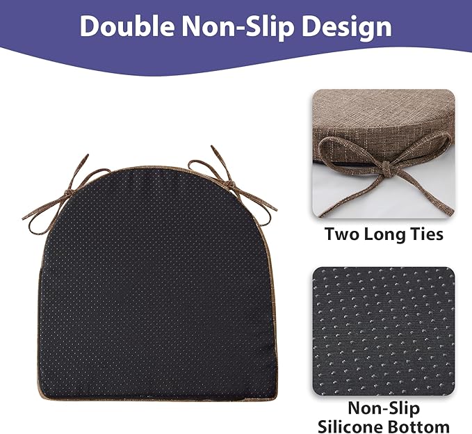 IPYNBAP Chair Cushions for Dining Chairs, Kitchen Chair Cushions, 16'' x 16'' x 2'', Non Slip Indoor Seat Cushions, Chair Pads for Dining Chairs with Ties & Removable Cover, Set of 6, Brown - Image 4