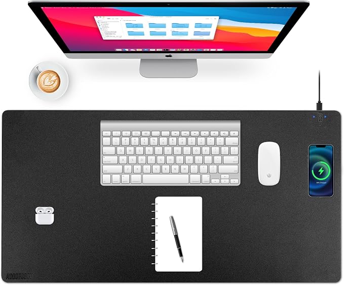 Wireless Charging Desk Mat, Mouse Pad,Black-R, 32 * 16inch | Desk Pad for Desktop Charging, Large Mouse Pad, Waterproof Leather Computer Mat, Non-Slip Protector, For Keyboard and Mouse by ACOOFCGOU