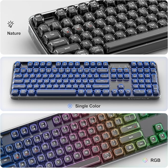 Clear Wireless Keyboard, Tri-Mode Bluetooth/2.4G Rechargeable Keyboard with RGB Backlit, Ergonomic Computer Keyboard with Transparent Keycaps for PC Laptop Desktop Home Office-Black Pearl - Image 8