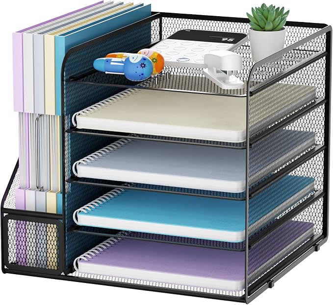 Marbrasse Desk Organizers and Accessories, 5-Tier Paper Letter Tray Organizer with File Holder, Mesh File Organizer, Office Desk Accessories & Organization for Supplies (Black) by Marbrasse