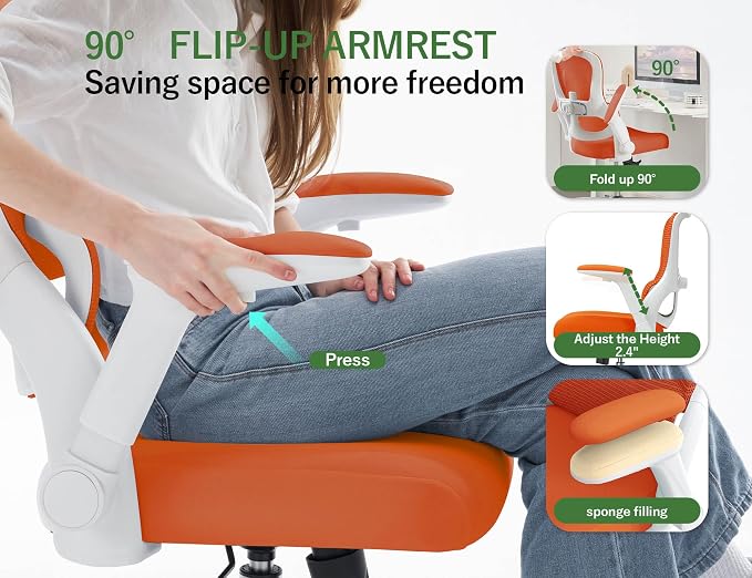 400LB Office Chair: Mesh Ergonomic Desk Chair Comfy with Lumbar Support | Computer Chair Ergonomic Gaming Chairs for Adults with Wheels&Flip up Armrests-Swivel Executive Task Chairs (Orange) - Image 6