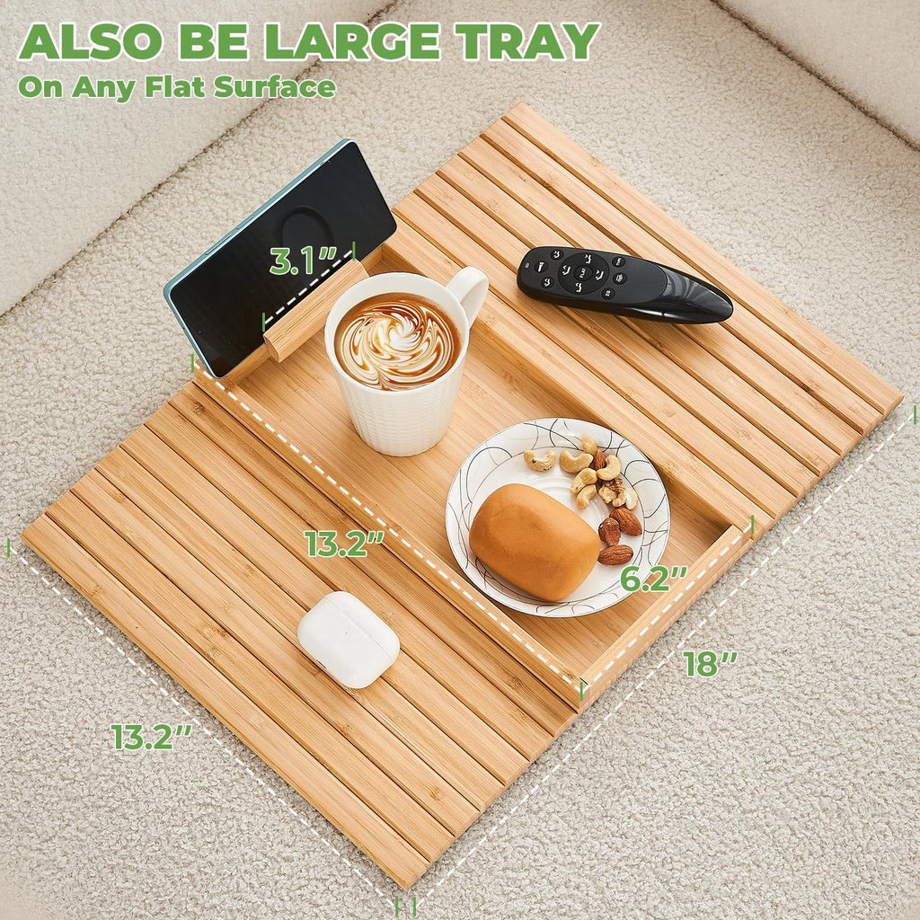 Bamboo Sofa Arm Tray, Anti Falling Couch Arm Tray Armrest Table with 360° Rotating Phone Holder, Foldable and Portable Sofa Armrest Trays Cup Holder for Drink,Cups, Phone, Snacks, Remote - Image 6