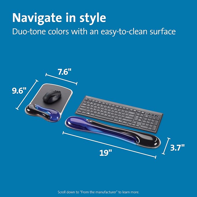 Kensington Duo Gel Mouse & Keyboard Wrist Rest Bundle Set, Ergonomic Keyboard and Mouse Pad With Wrist Support, Keyboard Wrist Rest, Computer Keyboard Pad, Cooling Gel, Non-Skid Backing, Blue K52920WW | Ergonomic gel cushioning, non-skid backing, pairs... - Image 2