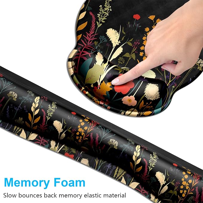 Dapesuom Keyboard Wrist Rest and Mouse Pad with Wrist Support, Cute Memory Foam Cushion for Keyboard and Mouse Set, Desktop Pad Rests with Non Slip Base for Easy Typing & Pain Relief, Floral Cartoon - Image 3