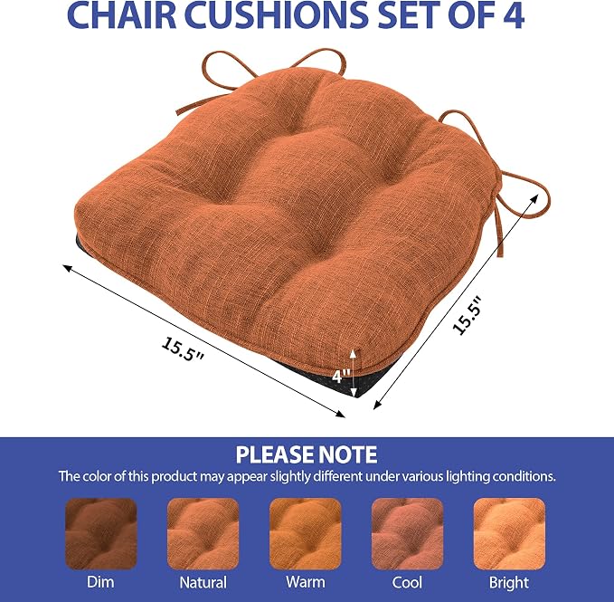IPYNBAP Chair Cushions Set of 4, 15.5" x 15.5" x 4" Outdoor & Indoor Seat Cushions with Ties, Non Slip, Memory Foam Chair Pads for Dining, Kitchen, Office, Patio Furnitures, Orange - Image 2