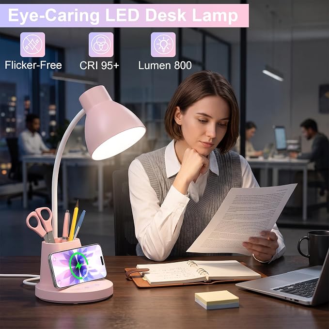 10W Wireless Charging LED Desk Lamp with Pen Holder, CRI 95, Pink | 800LM, 3 Modes, 360°Flexible Arm, Touch, Brightness, Table Lamp for Home Office, Dorm, Bedside, Study, Reading, with Adapter - Image 6