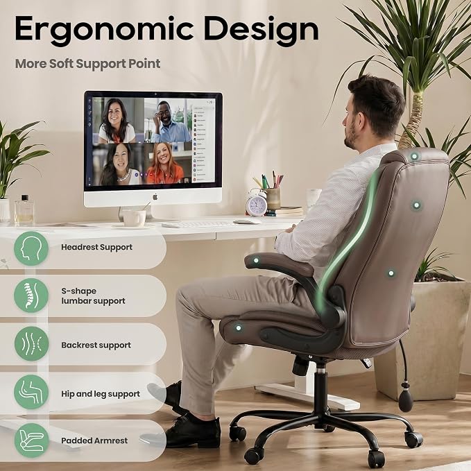 MALOL Leather Office Chair with Adjustable Lumbar Support Set of 2, Brown | Computer Desk Chair with Thick Cushion, Flip-Up Arms and Ergonomic Back, Comfy Executive Office Chair for Home Office Gaming - Image 6