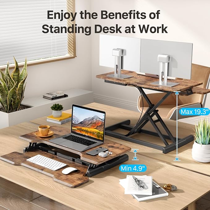32" Standing Desk Converter, Quick Sit to Stand Desk Riser | Height Adjustable Stand up Desk with Keyboard Tray for Dual Monitor, Copmputer Workstation for Home Office, Rustic Brown - Image 3