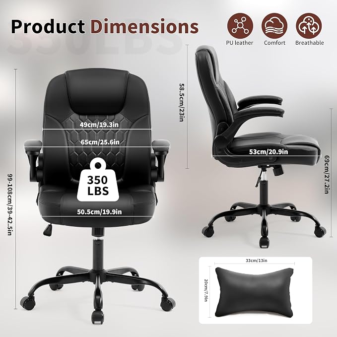 Leather Office Chair Swivel Lumbar Support for Short People Black | Executive Office Chair PU,Leather Office Chair with Wheels,360° Swivel Rolling Chair with Padded Arm,Ergonomic Computer Chair - Image 2