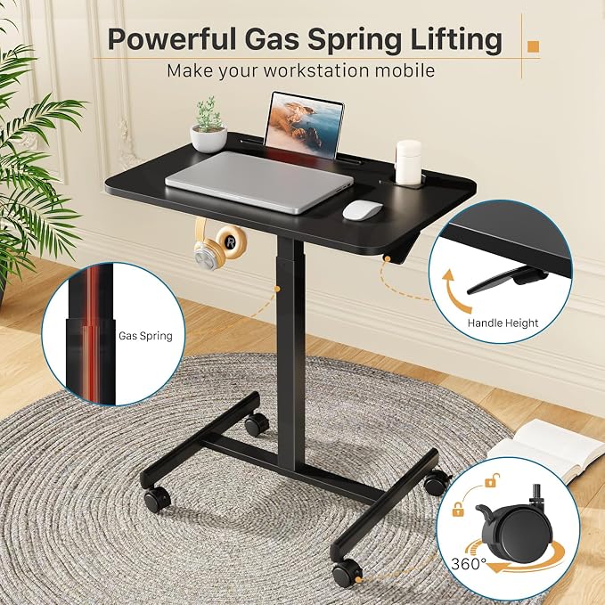 28 inch Mobile Laptop Desk, Portable Sit Stand Cart with Wheels | Small Standing Desk with Cup Holder, Rolling Computer Workstation Height Adjustable with Hook on 4 Lockable Casters, Black - Image 5