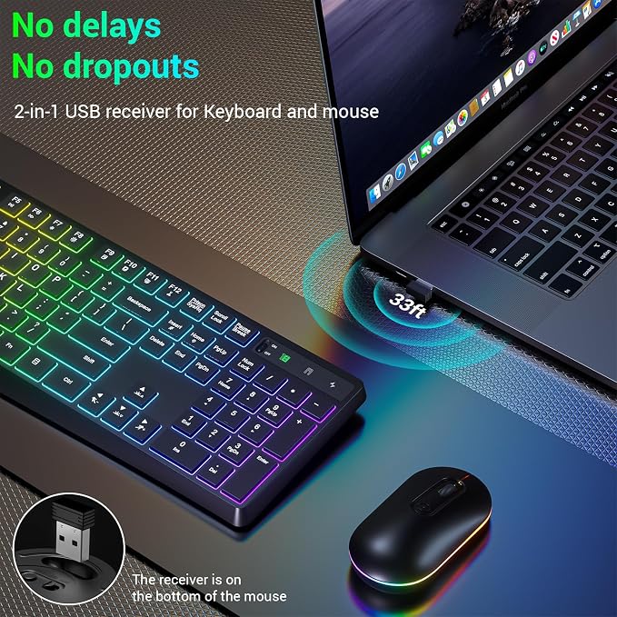 Wireless Keyboard and Mouse Combo, Lovaky 2.4G Full-Sized Ergonomic Keyboard Mouse, 3 DPI Adjustable Cordless USB Keyboard and Mouse, Quiet Click for Computer/Laptop/Windows/Mac (RGB Rainbow, 1 Pack) | Backlit, Low profile Keys, 3 DPI Adjustable, 2.4G ... - Image 6