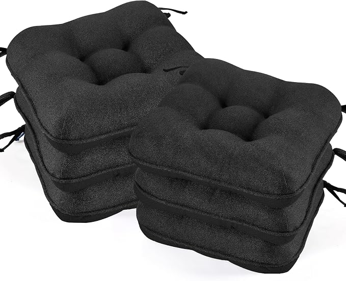 BETU Black Chair Cushions for Dining Chairs Set of 6,3.5" Thick Kitchen Table Chair Pads with Ties,Non Slip Backing and Covers,Seat Cushion for Dining Room,Bar,Patio Chairs,15.5"X15.5"X3.5",Black by BETU