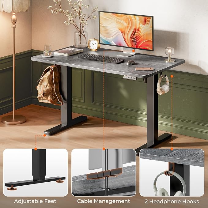 Huuger 48 x 28 Large Electric Standing Desk, Height Adjustable Desk, 27.6" Deep Desktop, Stand up Gaming, 2 Hooks, 3 Preset Heights, for Home Office, Grey - Image 7