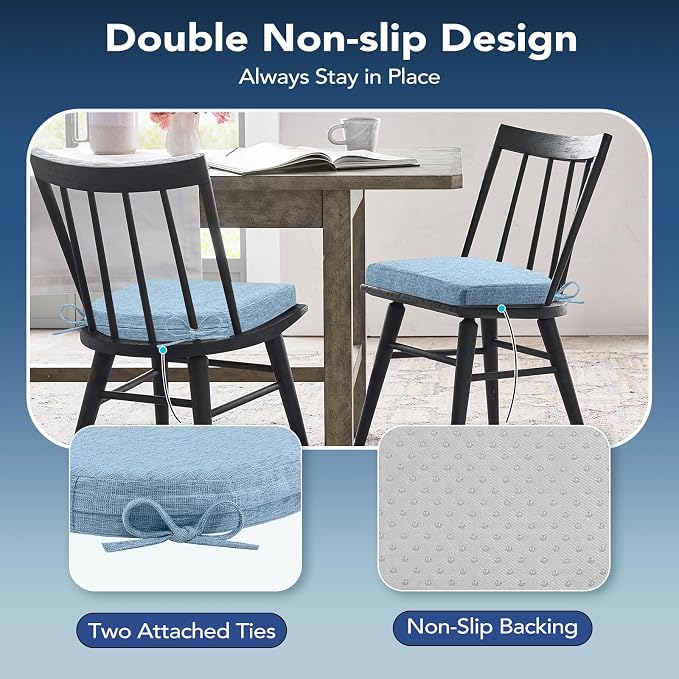 Chair Cushions for Dining Chairs, Non Slip Chair Pads with Ties and Covers, Memory Foam Kitchen Chair Cushions Set of 6, 16"X16"X2.5", Light Blue - Image 5