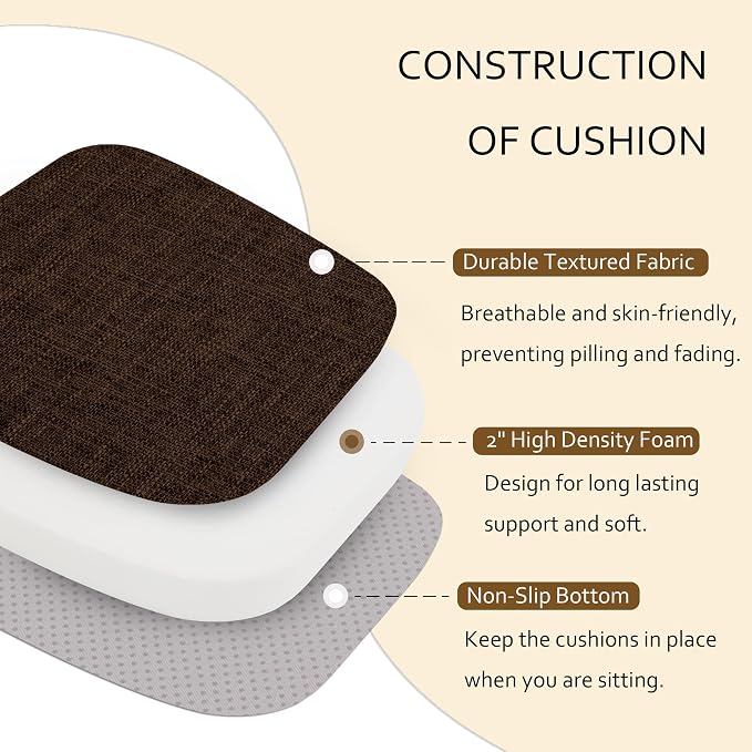 ELFJOY Non-Slip Chair Cushions for Dining Chairs Coffee 16.7"x16" | 4 Pack, with Ties and Washable Cover, U Shape, Breathable Fabric, for Kitchen Dining Office Folding Chairs，Comfortable - Image 7