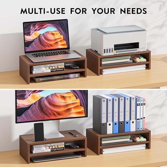 BONTEC Wooden Monitor Stand Riser for Desk, 2-Tier Computer Monitor Stand | 66 lbs Desk Shelf Organizer with Storage, Laptop & Printer Stand with Phone Holder and Cable Management, Walnut, 16.5 Inch - Image 8