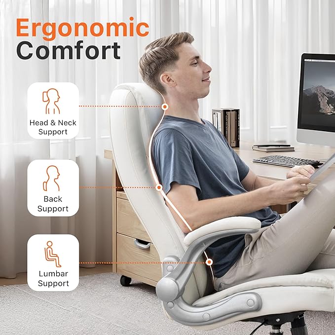NEO CHAIR Office Desk Chair, High Back PU Leather with Flip-up Arms, White | Ergonomic Tall Computer Desk Chair Comfy, Height Adjustable, Swivel Rolling Wheels for Office Home Gaming Study - Image 4