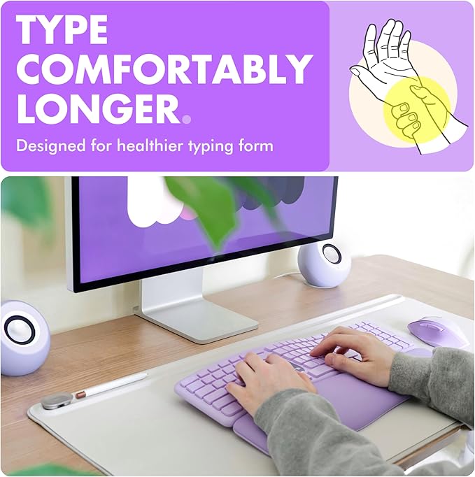 X9 Ergonomic Keyboard and Mouse Wireless Combo - Purple Keyboard and Mouse Wireless, Bluetooth/2.4G Split, Wrist Rest, Rechargeable, Silent Ergo Keys - PC, Mac, iOS, Android - Image 2