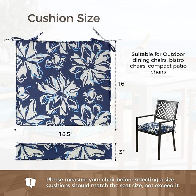 UNIKOME Outdoor Chair Cushions Set of 4, Water Resistant Patio Seat Cushions with Ties for Outdoor Furniture, High-Density Foam, UV & Fade Resistant, Piped Edge – 18.5" x 16" x 3", Blue-White Flower - Image 2