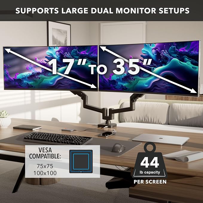 Mount-It! Proflex Series Heavy-Duty Dual Monitor Arm for 17–35” Screens, Gas Spring, Full Motion, USB-C & USB 3.0 Ports, VESA 75/100, Fits Ultrawide & Curved Displays, Clamp or Grommet Base | Gas spring full motion arms with USB-C & USB 3.0 ports, VESA... - Image 6