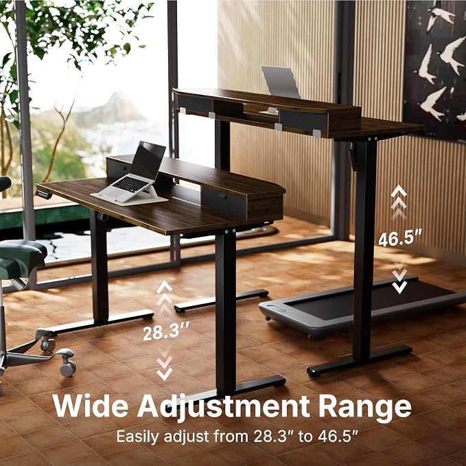 HUANUO 40" X 24" Electric Standing Desk with 2 Drawers, C-Clamp Mount Compatible, Height Adjustable Computer Desk, Home Office Stand Up Desk with 4 Preset Heights & 2 Hooks, Walnut - Image 7
