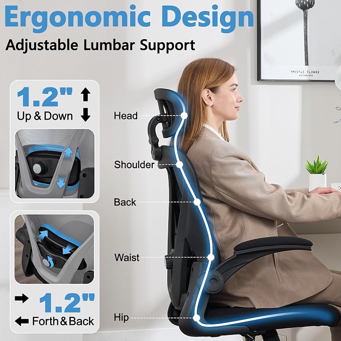Office Chair, Ergonomic Computer Desk Chair with 3D Headrest | Comfy Home Office Desk Chair with Adjustable Lumbar Support & Flip-up Armrests, 330LBS High Back Mesh Gaming Chair, Black - Image 4