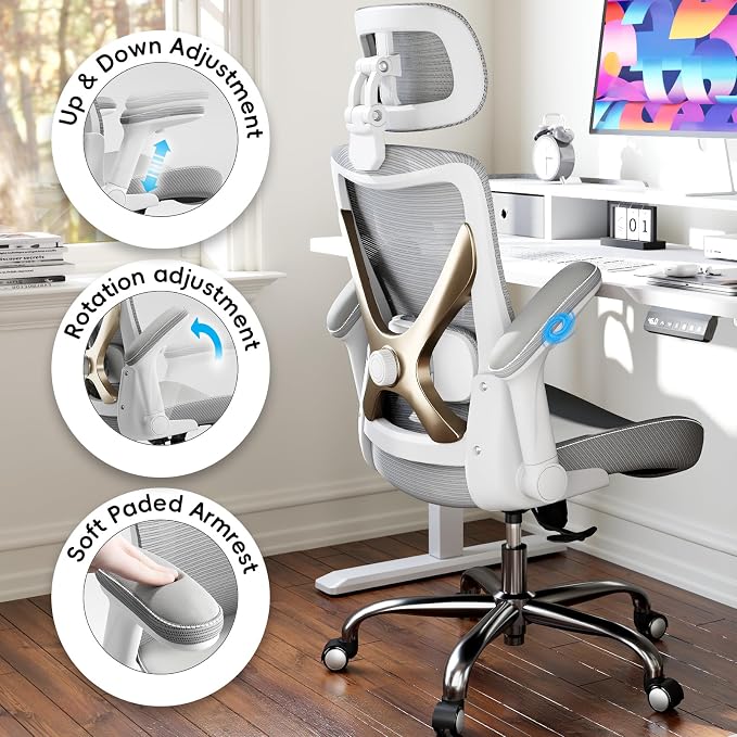 Ergonomic Office Chair:Home Office Desk Chairs with Headrest Lumbar Support | Ergalithic Ergonomic Desk Chair X-Shaped Mesh PU Leather Executive Computer Chair High Back Flip-Up Arms for Long Hour(W-G) - Image 4