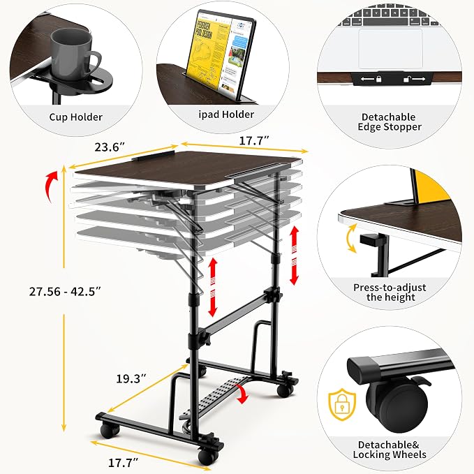 Foldable Standing & Rolling Desk, Upgraded Portable Desk on Wheels | Adjustable Height & Angle, Sturdy Mobile Table Workstation for Laptop with Footrest, Cup Holder, Edge Stopper & iPad Holder - Image 2