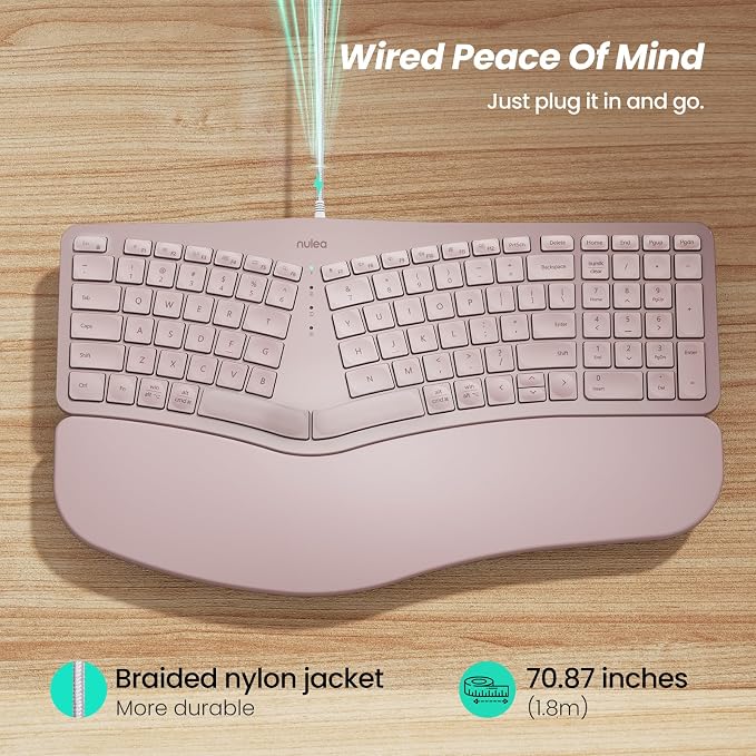 Nulea RT05C Wired Ergonomic Keyboard, Split Keyboard with Cushioned Wrist Rest, Adjustable Tilt Legs, Plug and Play, USB Corded, Compatible with Windows/Mac (Pink) - Image 3