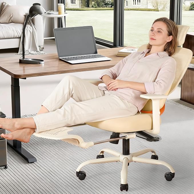 Ergonomic Office Chair with Footrest, Mesh Desk Chair with Adjustable Headrest & Armrests & Dynamic Floating Wing Lumbar Support, High Back Computer Chair for Home Office, BIFMA Certified, Beige - Image 2