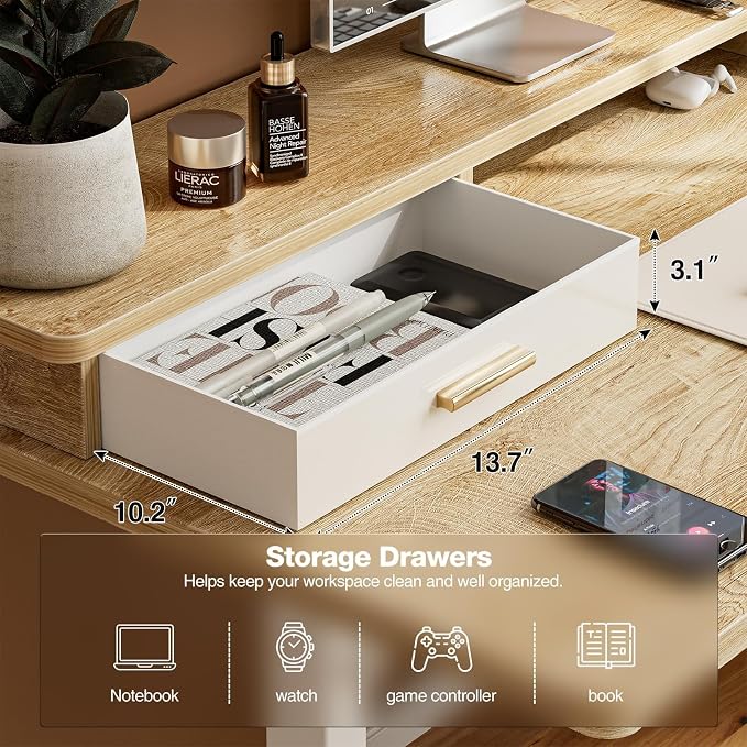 Grandder Electric Standing Desk with Two Drawers, CurvedSit to Stand Up Height Adjustable Desk with Storage Shelf for Home Office, 63 * 26 Inch, Study, Ergonomic Adjustable Computer Desk, Oak - Image 3