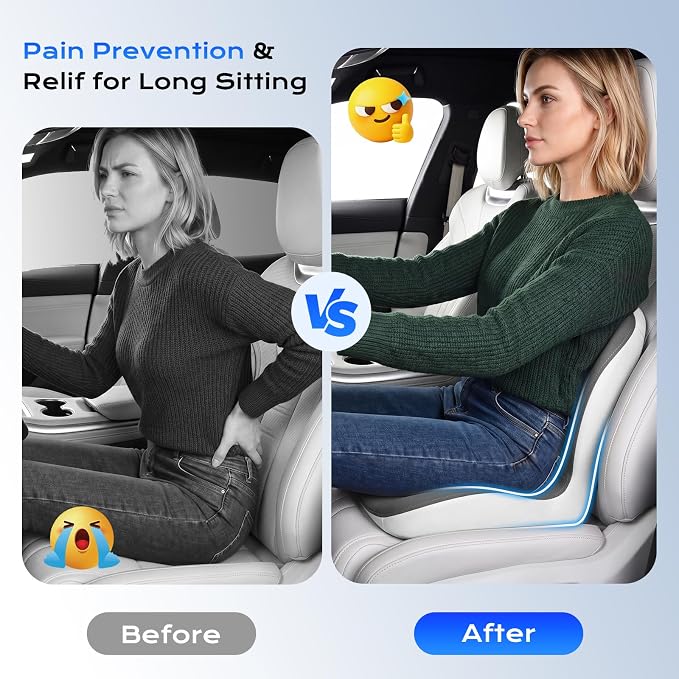 Coverado Car Seat Cushion and Lumbar Support Pillow One Piece, Memory Foam Ergonomic Back Support Driving Seat Cushion for Back Pain, Non-Slip Washable Cushion for Car, Driver, Office - Image 6