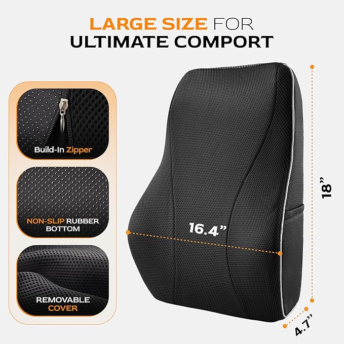 TULARIS Extra Dense Lumbar Support Pillow with Double Adjustable Straps - Ergonomic Memory Foam Cushion for Office Chair, Car, Couch - Firm Back Support for Lower Back & Spine Pain Relief - Image 3